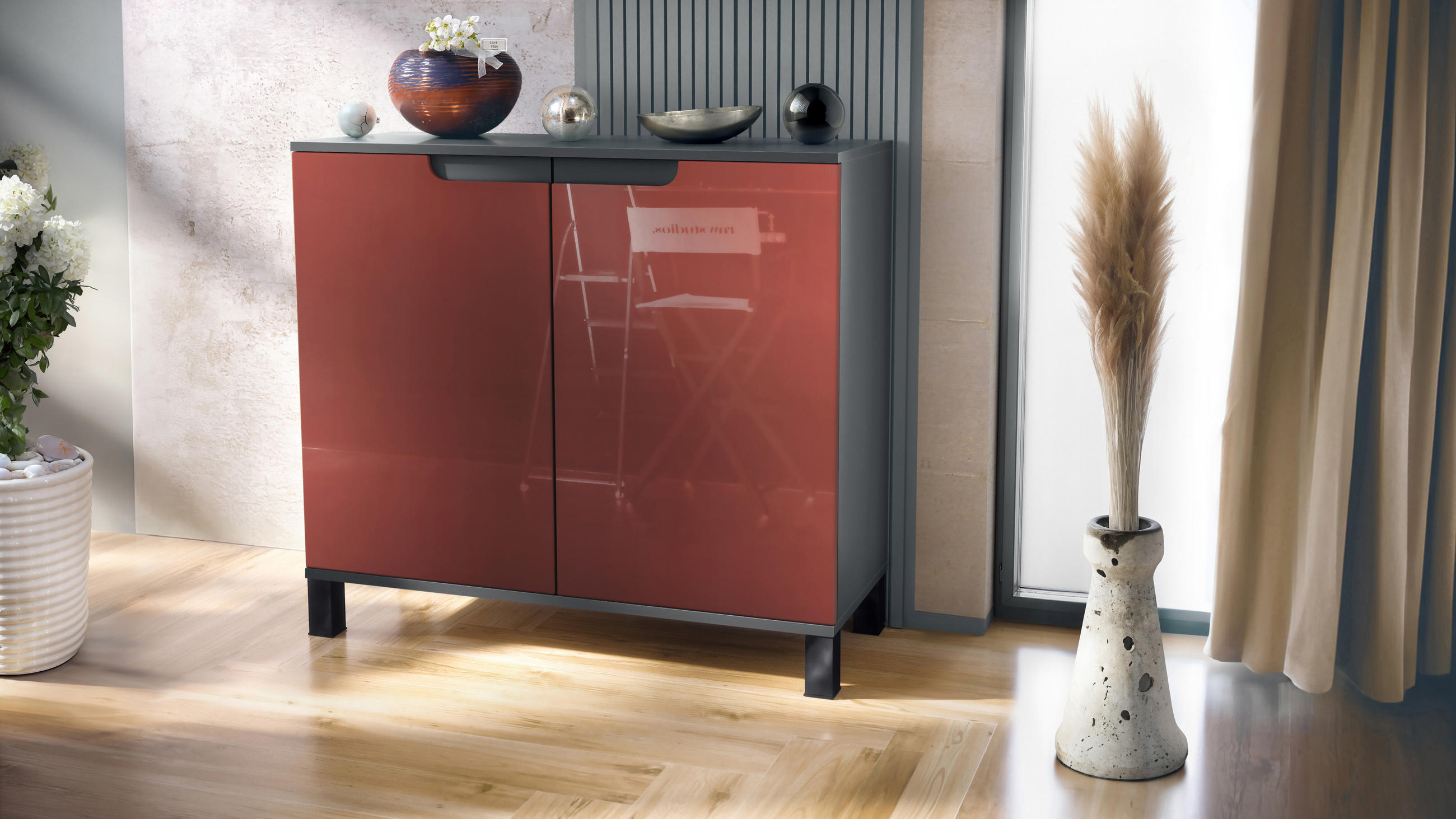 KOMMODE Sylt Bordeaux Hochglanz - Bordeaux, Holzwerkstoff (92.5/84.5/35cm) - Vladon