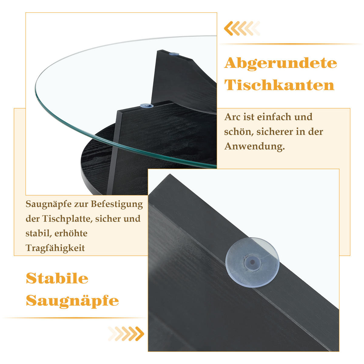 COUCHTISCH 80/80/36 cm Transparent Schwarz aus Sicherheitsglas mit fächerförmigem MDF-Gestell - Schwarz, Holzwerkstoff (80/80/36cm) - OKWISH