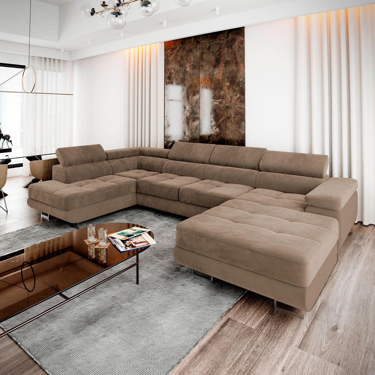 WOHNLANDSCHAFT CASONE L-S Beige Velours-Stoff mit Schlaffunktion - Beige, Holz (345/90/202cm) - MASSENO