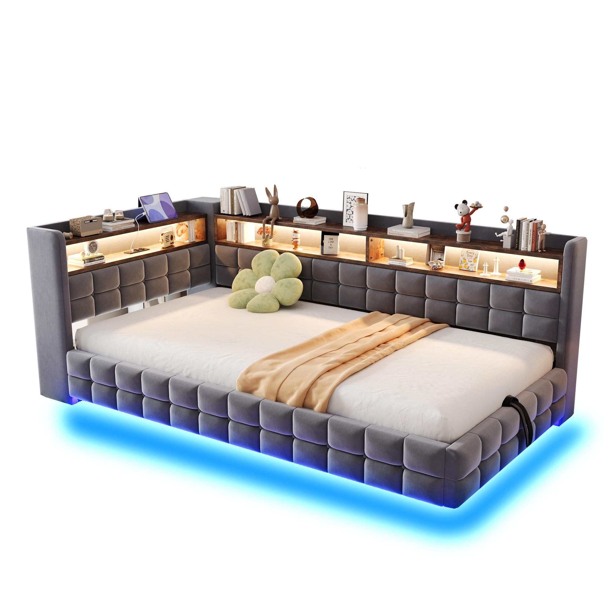 POLSTERBETT 90/200 cm mit Samtbezug, LED-Beleuchtung, Steckdose, USB-C, hydraulischem Stauraum und Regalen, Grau - Grau, Textil (90/200cm) - Redom