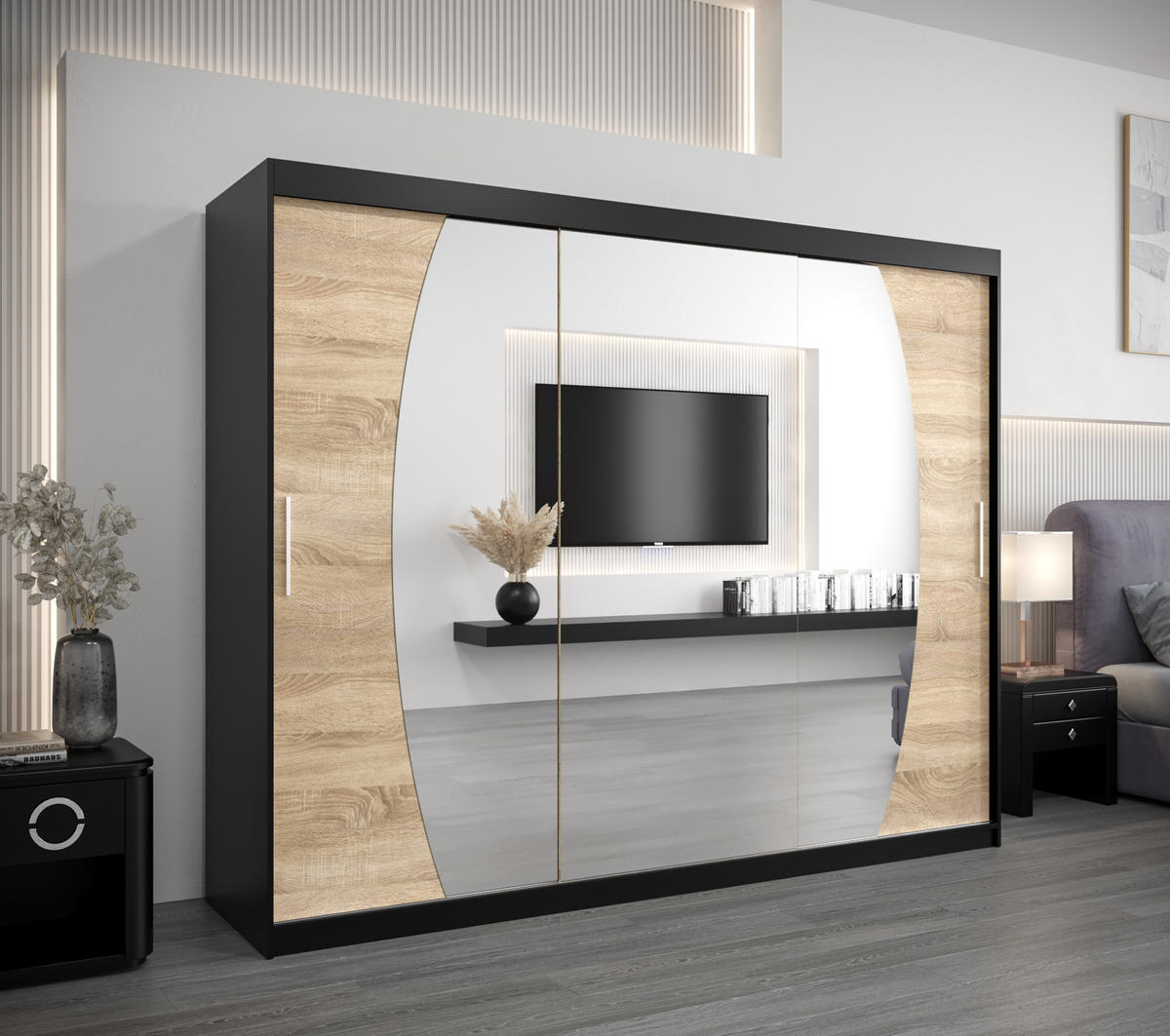 SCHWEBETÜRENSCHRANK 200/250/62 3-türig - Silberfarben/Schwarz, Holz/Kunststoff (250/200/62cm) - Abiks Möbel