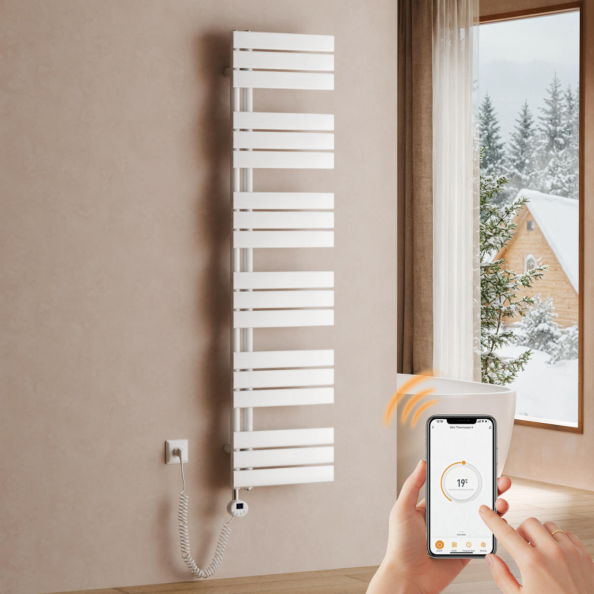 HANDTUCHHEIZKÖRPER 159,9/40 cm weiß elektrisch 800 W mit WLAN-Thermostat - Weiß, Metall (40/160/5.9cm) - S'AFIELINA