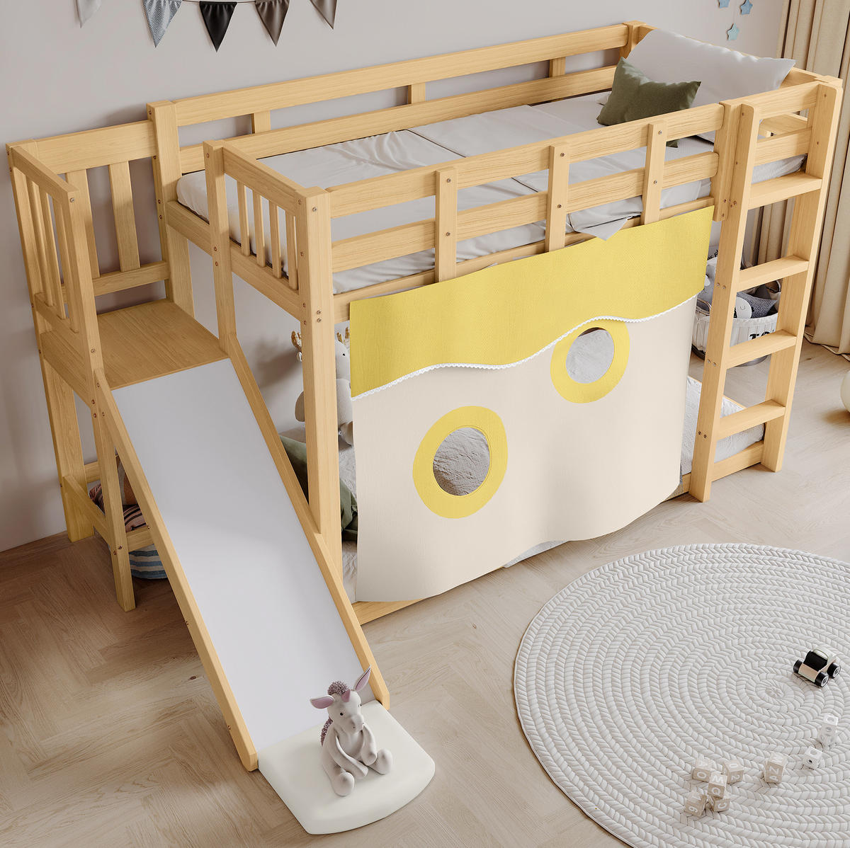 ETAGENBETT 90/200 cm aus Holz mit Treppe, Rutsche, Vorhang und Fallschutz, Natur - Naturfarben, Holz (90/200cm) - Redom