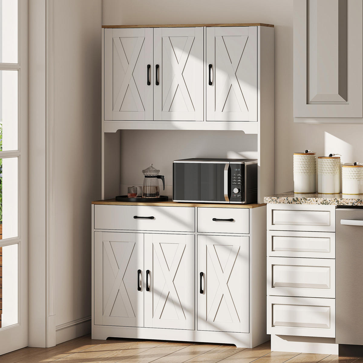 BUFFET DE-11231 6 Türen & 2 Schubladen mit Arbeitsplatte Weiß - Weiß, Holzwerkstoff (39.5/175.2/94cm) - ComfortXL