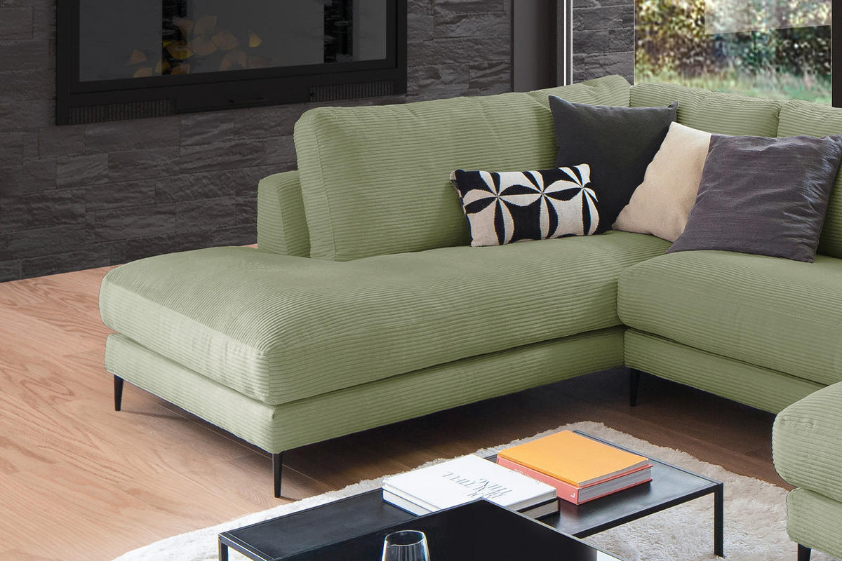 WOHNLANDSCHAFT CARA Grün Cord - Schwarz/Grün, Textil (341/84/223cm) - KAWOLA