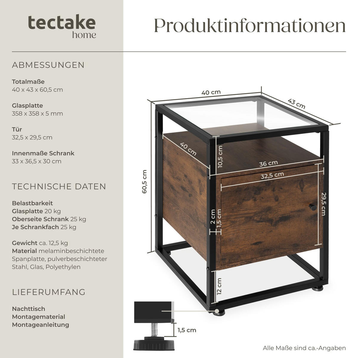 NACHTSCHRANK Dudley, 40 x 43 x 60,5 cm, Industrial Holz dunkel, rustikal - Rostfarben, Holzwerkstoff (40/60.5/43cm) - tectake