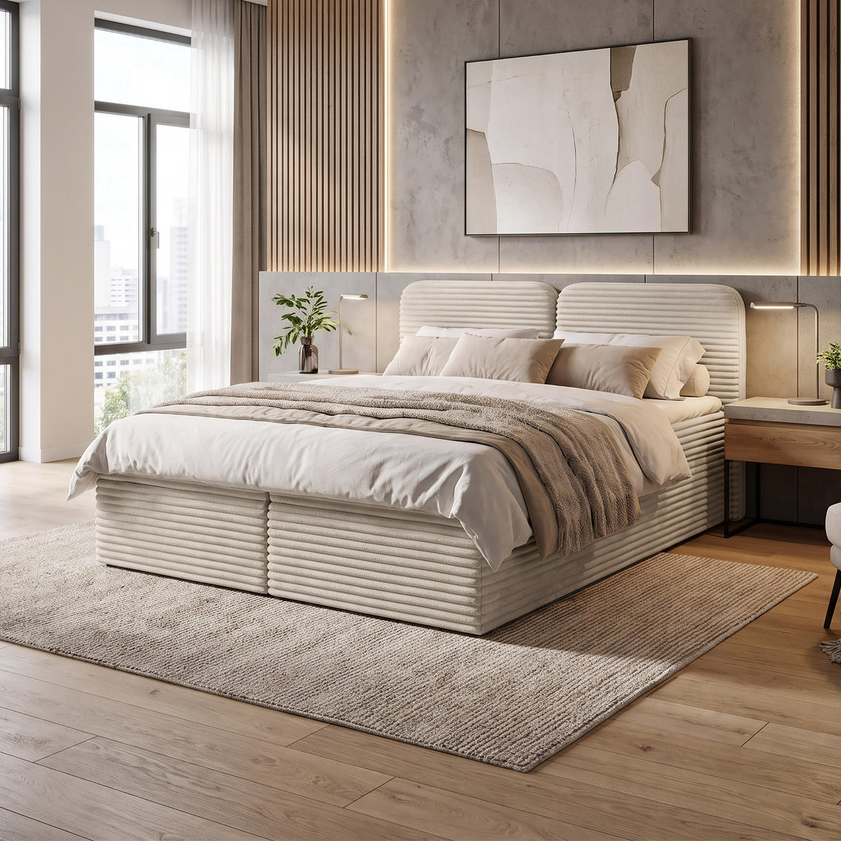 KONTINENTÁLNÍ POSTEL Lars 140x200 cm s topperem, bonellová matrace, manšestrová látka, béžová - béžová, textil (140/200cm) - Beautysofa