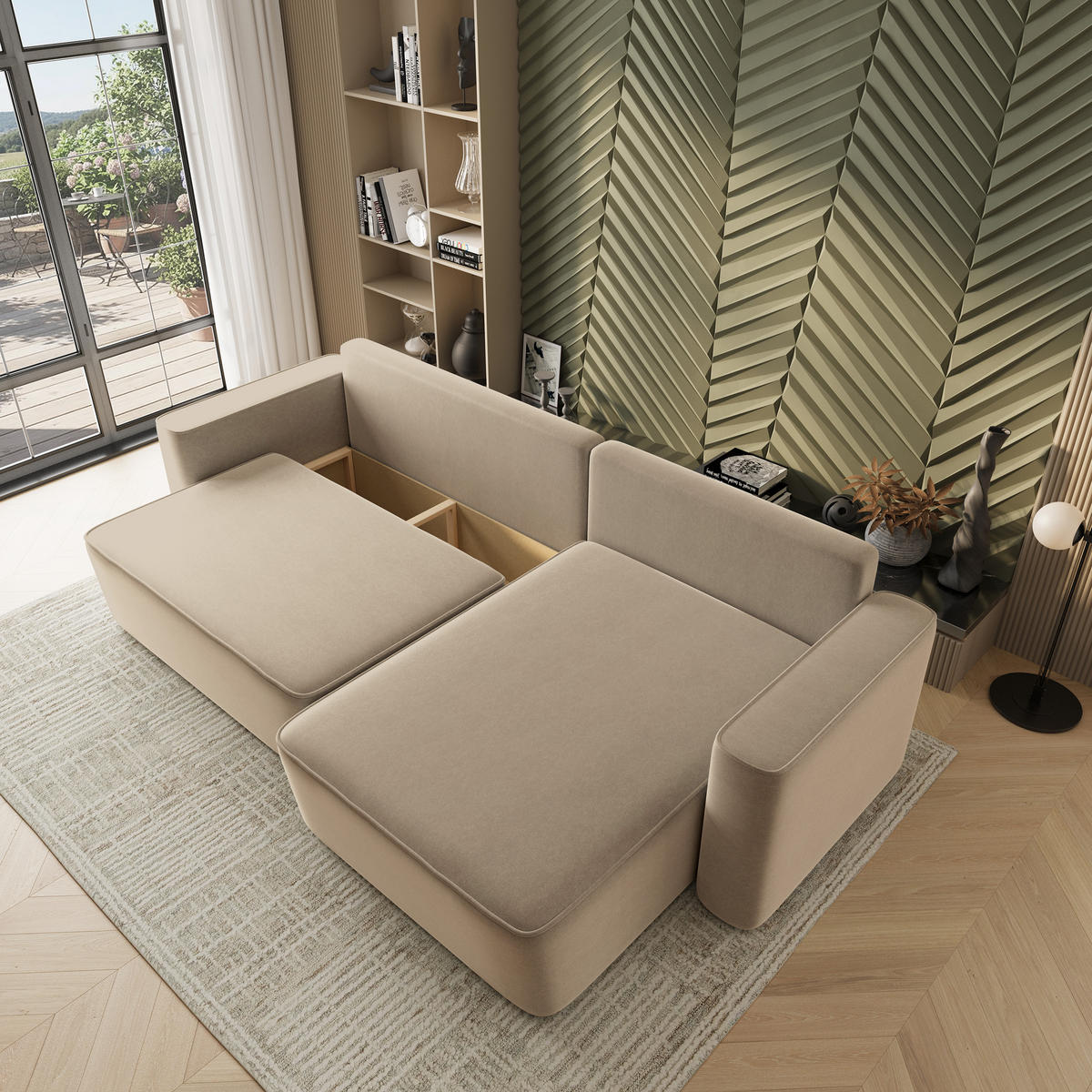 ECKSOFA BELARO CL Beige Samtstoff mit Schlaffunktion - Beige, Holzwerkstoff/Textil (280/162cm) - MASSENO