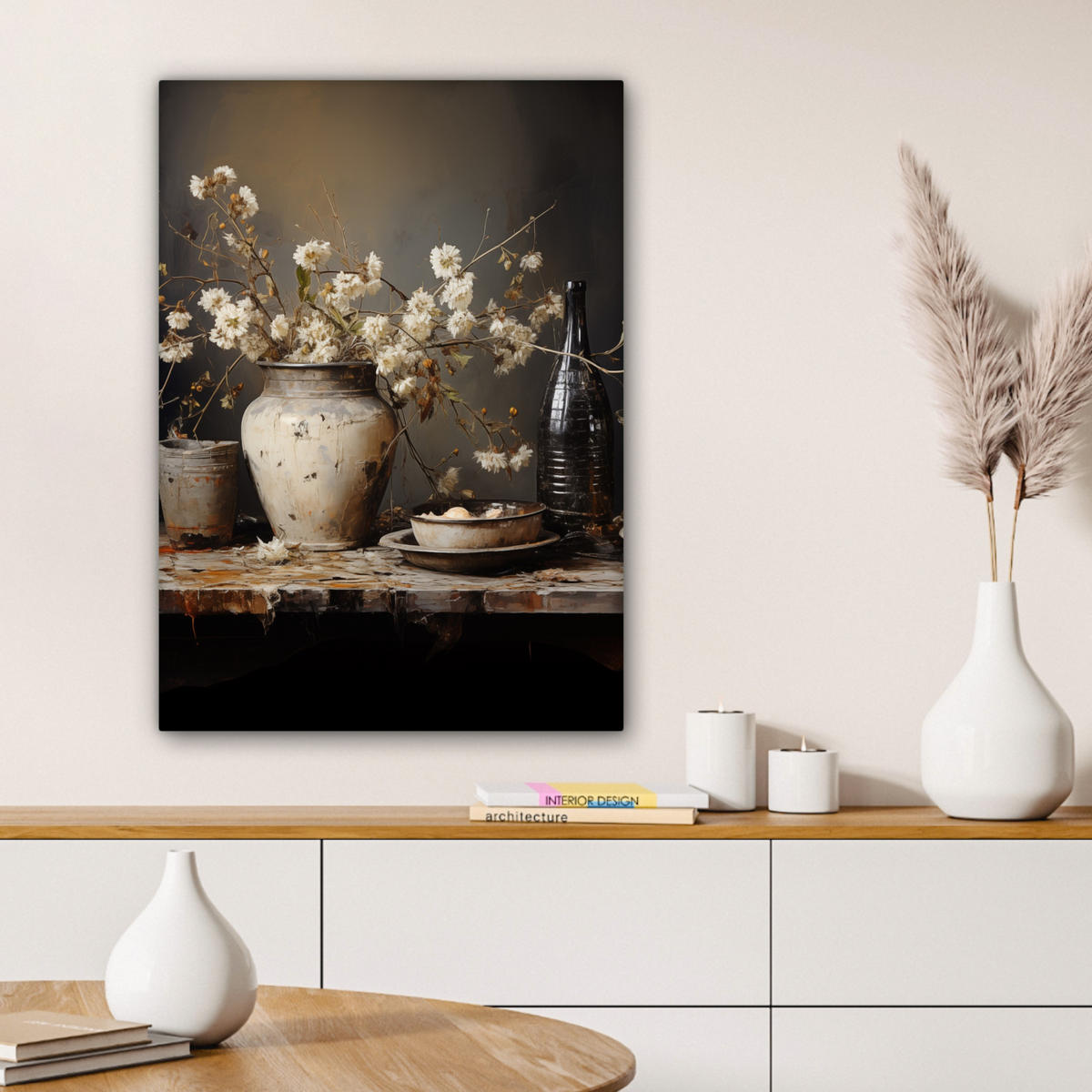 LEINWANDBILD Stilleben - Blumen - Blumenstrauß - Vase - Wein Wandbild Wohnzimmer 60x80 cm - Schwarz, Textil (60/80cm) - MuchoWow