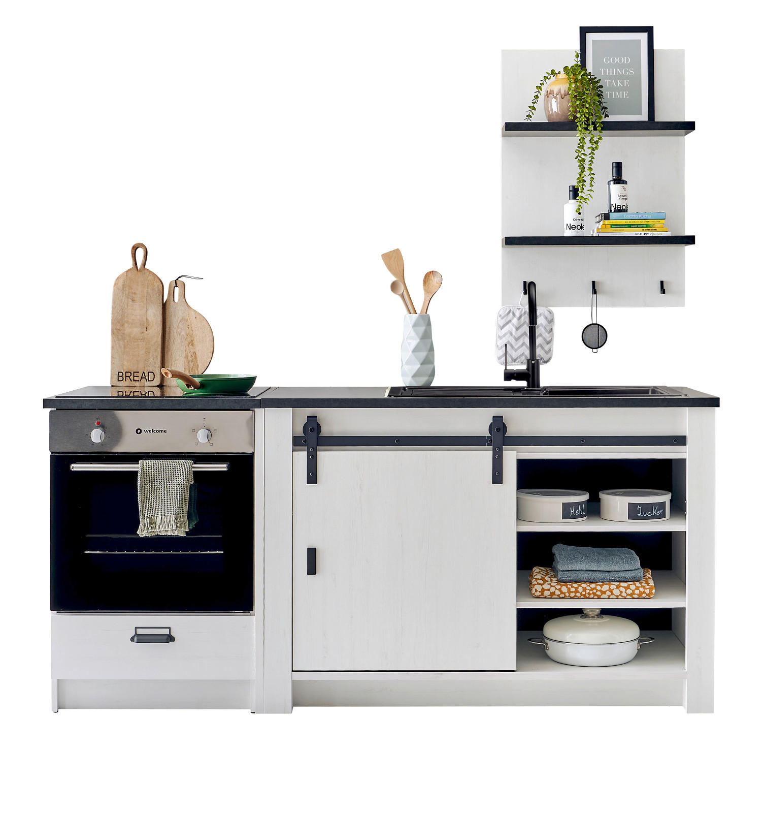 KÜCHEN-SET weiß Pinie, anthrazit 3-teilig 196 cm, Küchenschrank Set im Landhaus-Stil - Anthrazit/Schwarz, Holzwerkstoff/Metall (196/180/64cm) - Furn.Design