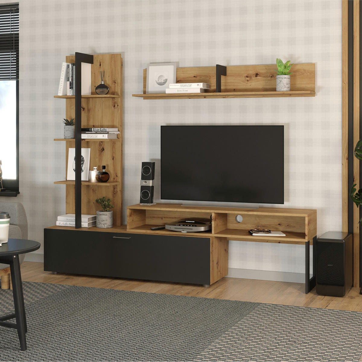 WOHNWAND, 2-er Set MOLDE SET1 Eiche Wotan Schwarz - Silberfarben/Eiche Wotan, Holzwerkstoff/Kunststoff (251/174/37cm) - Komodee