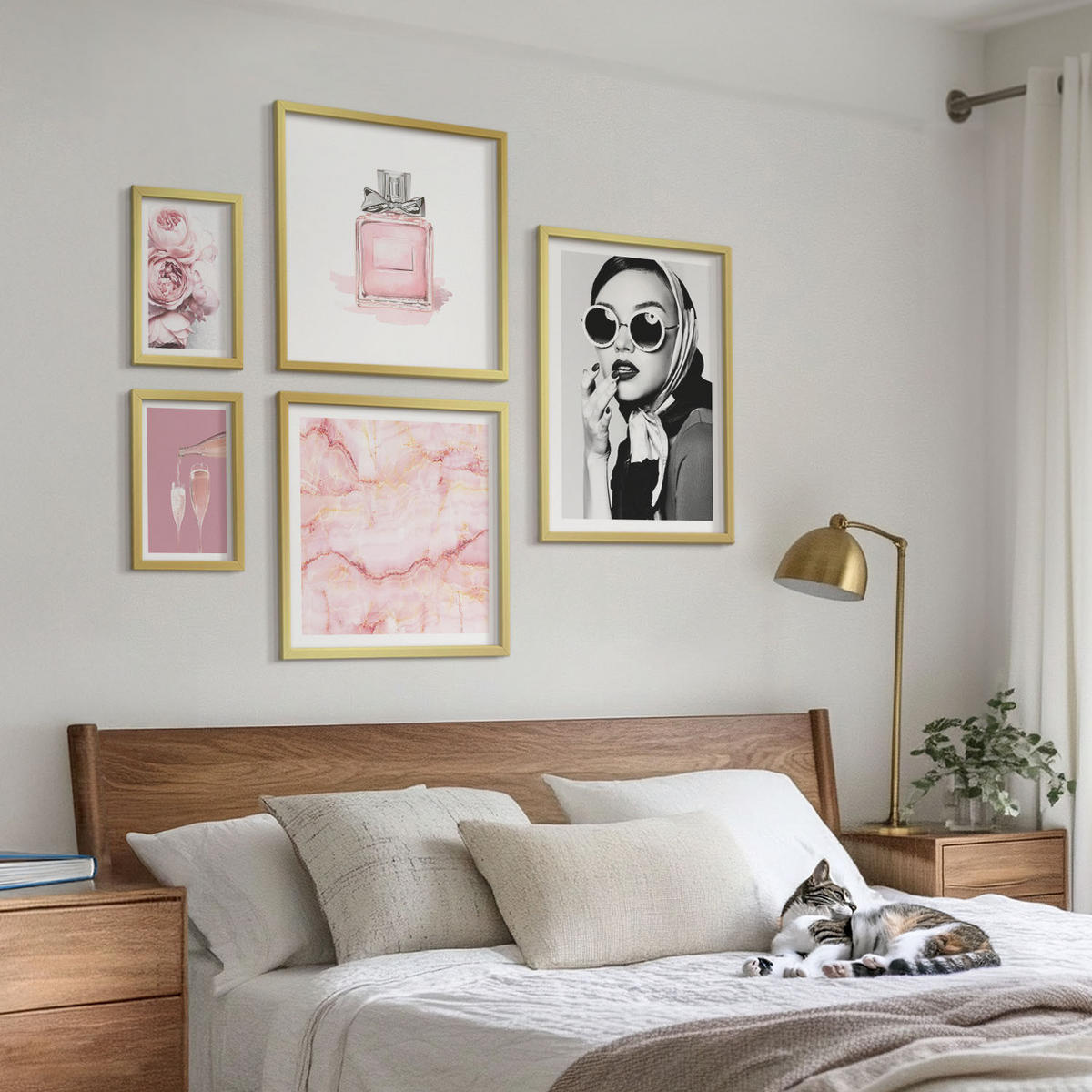 BILDER SET 5er Set - 50x50 cm & 20x30 cm & 40x60 cm Goldrahmen - Stilvolle pinkfarbene Accessoires - Goldfarben, Kunststoff (40/60cm) - TULUP