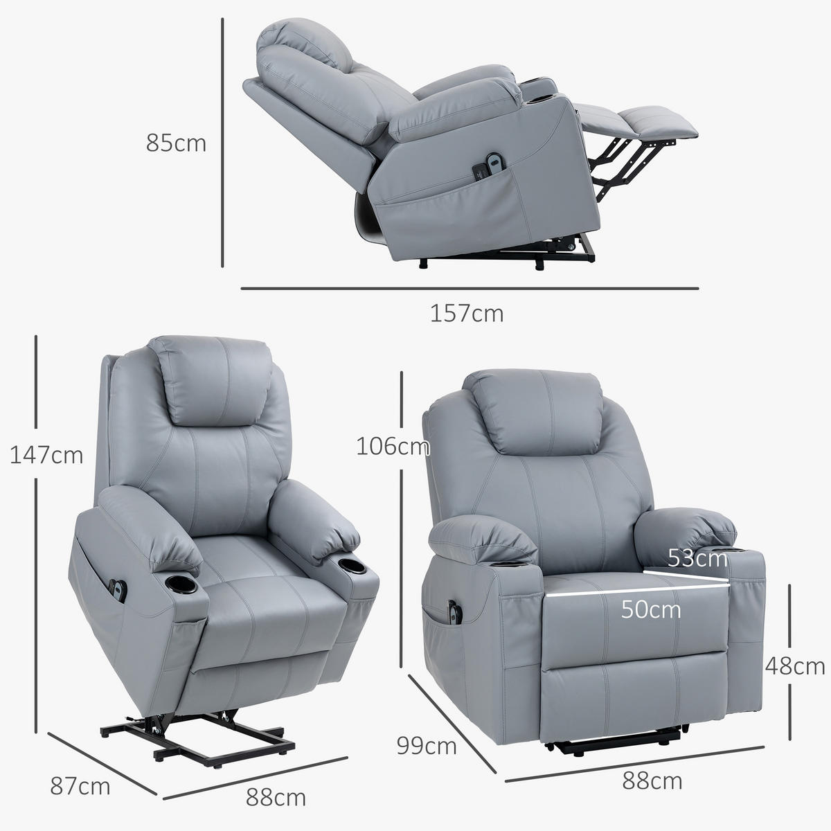 SESSEL mit Aufstehhilfe, Grau - Grau, Kunststoff (99/106/88cm) - HOMCOM