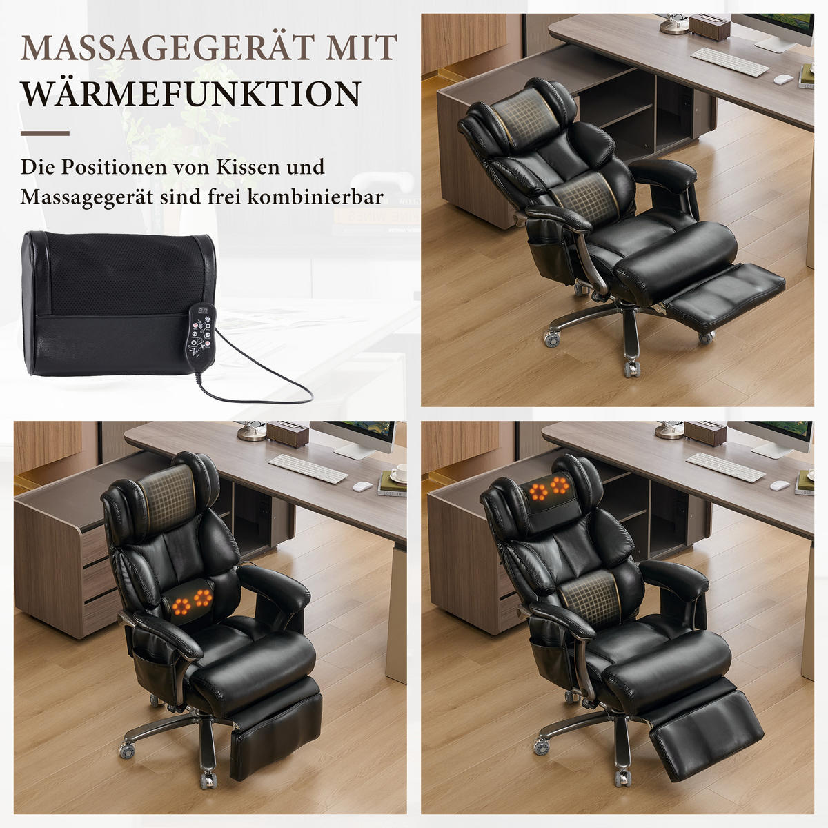 CHEFSESSEL DE-40960 mit Massage- und Heizfunktion neigbar bis 150° Schwarz - Schwarz, Metall (85.5/121.5/76.5cm) - ComfortXL