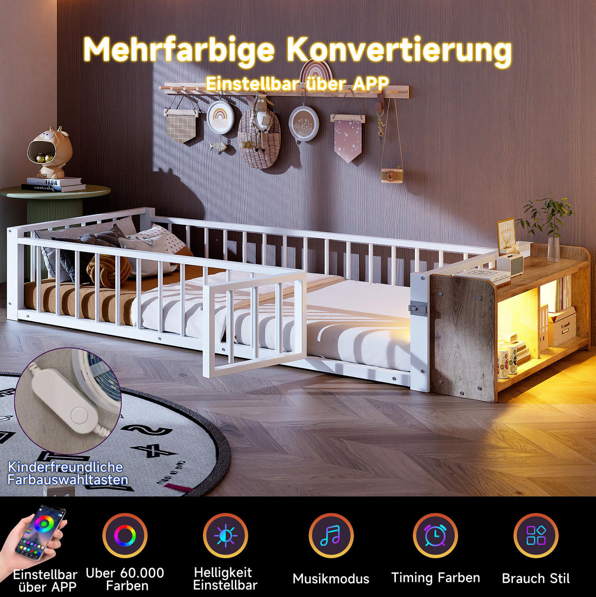 DETSKÁ posteľ 90/200 cm biela s ochranným zábradlím úložným priestorom a LED osvetlením z kovu a MDF - biela, kompozitné drevo (90/200cm) - OKWISH