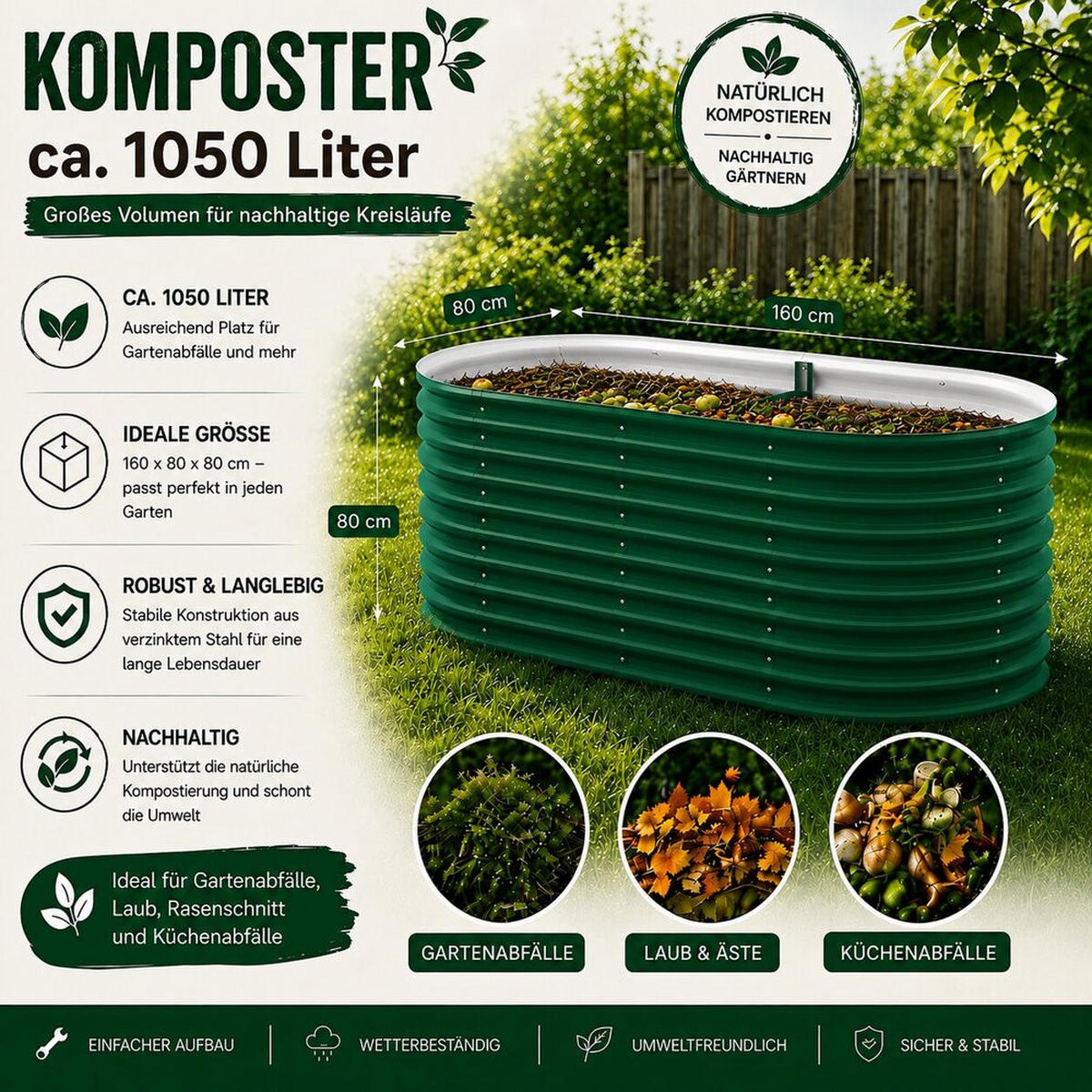 KOMPOSTER Garten, Grün, 160 x 80 cm - Grün, Metall (160/80/80cm) - Vicco