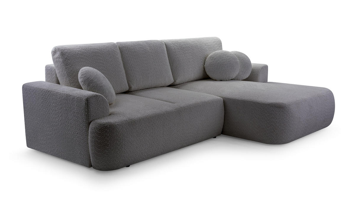 ECKSOFA FILO Grau Boucle-Stoff mit Schlaffunktion - Grau, Holz (260/168cm) - MASSENO