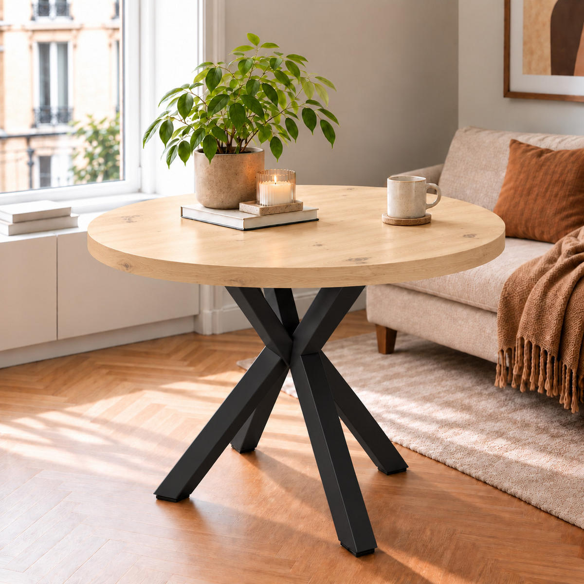 ESSTISCH rund ausziehbar 110/210/76 cm, Artisan Eiche, 54 cm Tischplatte + X Metallbeine Schwarz - Schwarz/Eiche Artisan, Holzwerkstoff/Metall (110/210/76cm) - Damale Möbel