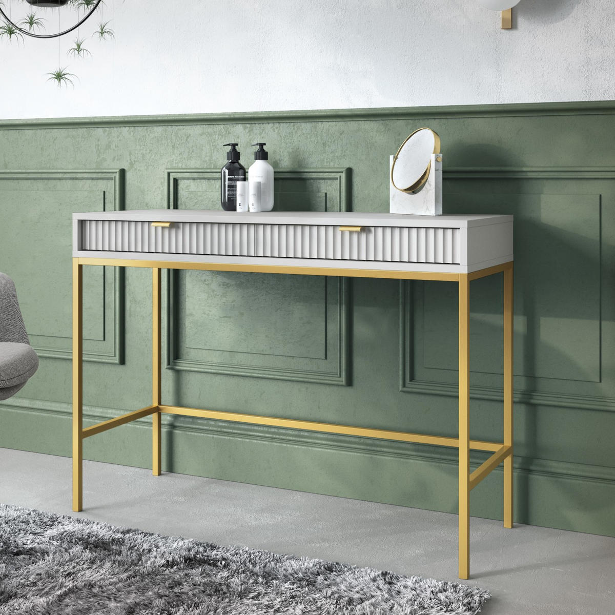 SCHMINKTISCH Kioto in Grau mit Metallbeinen - Goldfarben/Grau, Holzwerkstoff/Metall (50/104/77cm) - Ravio
