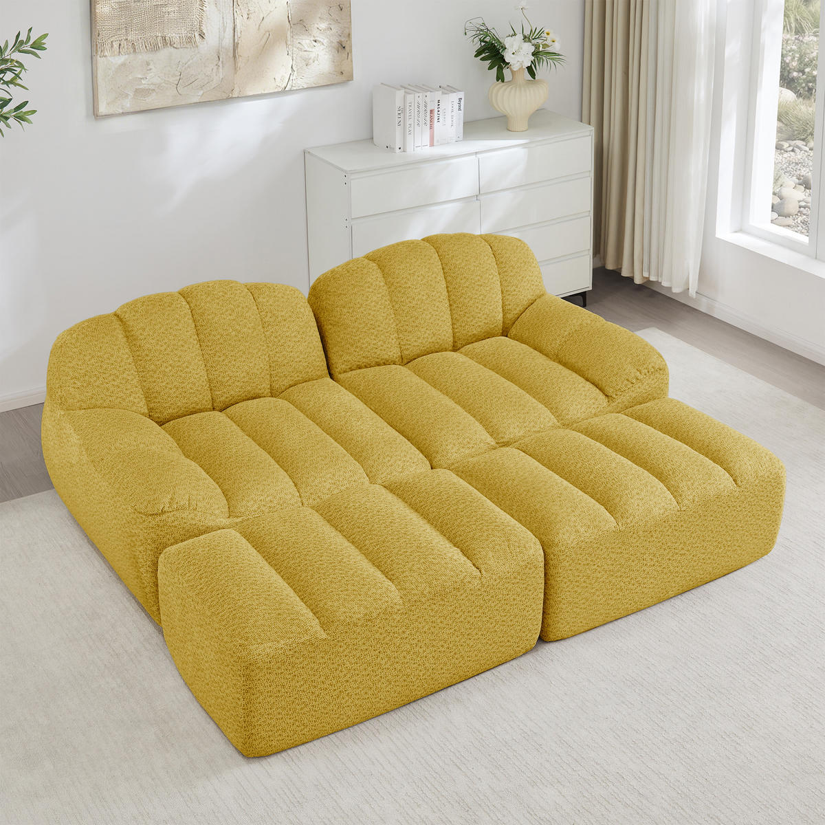 2-SITZER SOFA Granulierter Fleece Gelb mit 2 Ottomans - Gelb, Textil (210/79/165cm) - WISHDOR
