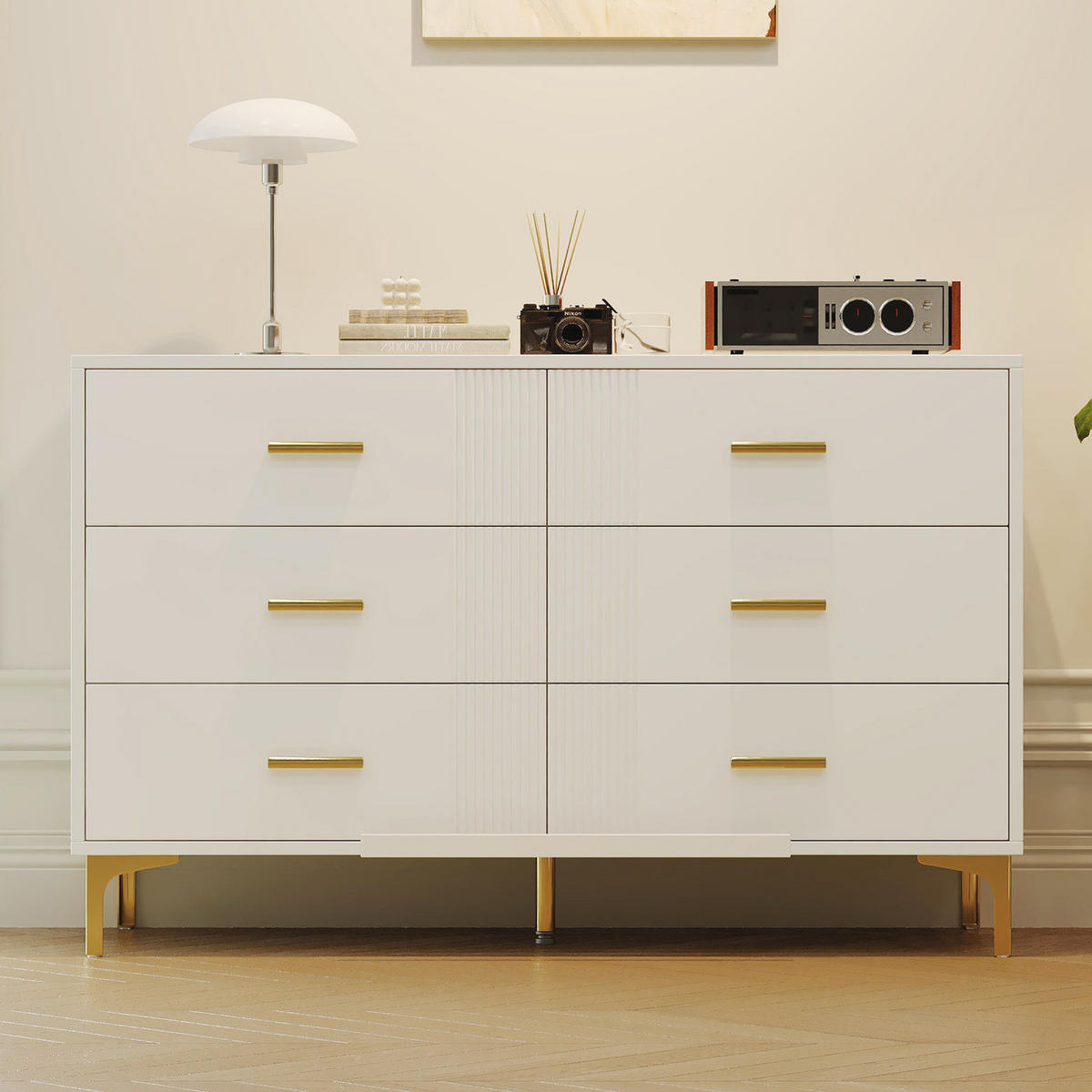 SIDEBOARD in Weiß Kommode mit 6 Schubladen, mit viel Stauraum, für Wohnzimmer & Schlafzimmer, B120/T40/H76cm - Goldfarben/Weiß, Holzwerkstoff/Metall (120/76/40cm) - STILVORA