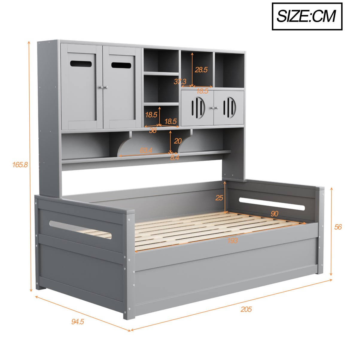 BETT 90/200 cm Grau mit hydraulischem Stauraum und Kopfteilregal - Grau, Holz (90/200cm) - Flora Grace