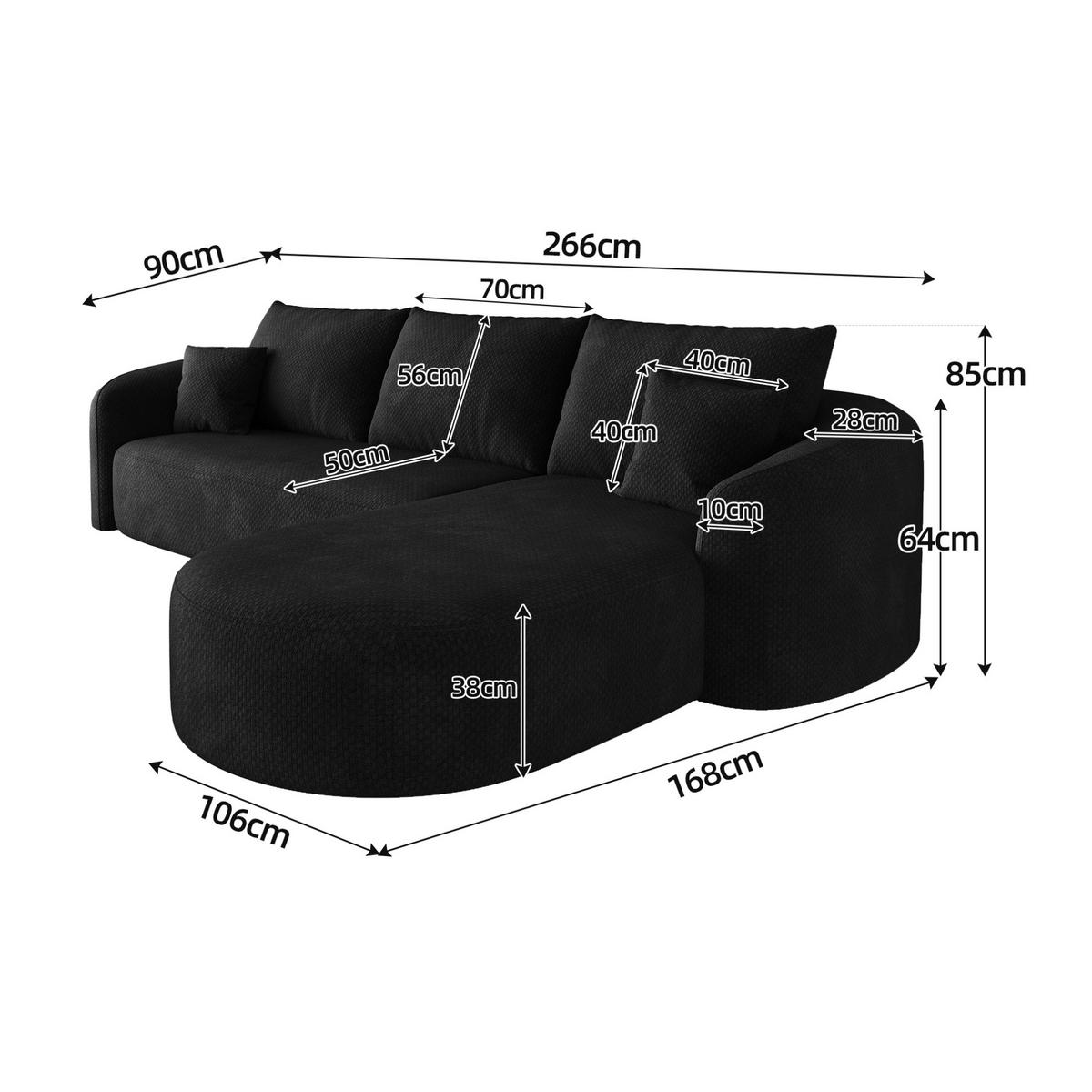 ECKSOFA 266 cm in Schwarz aus Stoff mit modularer Form, ohne Montage - Schwarz, Textil (168/266cm) - Flora Grace