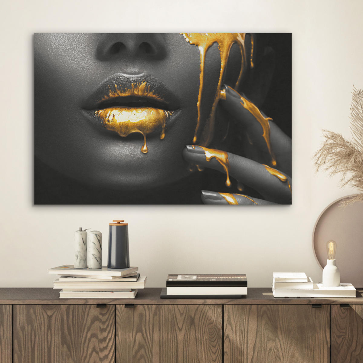 AKUSTIKBILD Frau - Schwarz - Gold - Gesicht - Lippen Wanddeko 70x50 cm - Goldfarben, Kunststoff (70/50/0.9cm) - MuchoWow