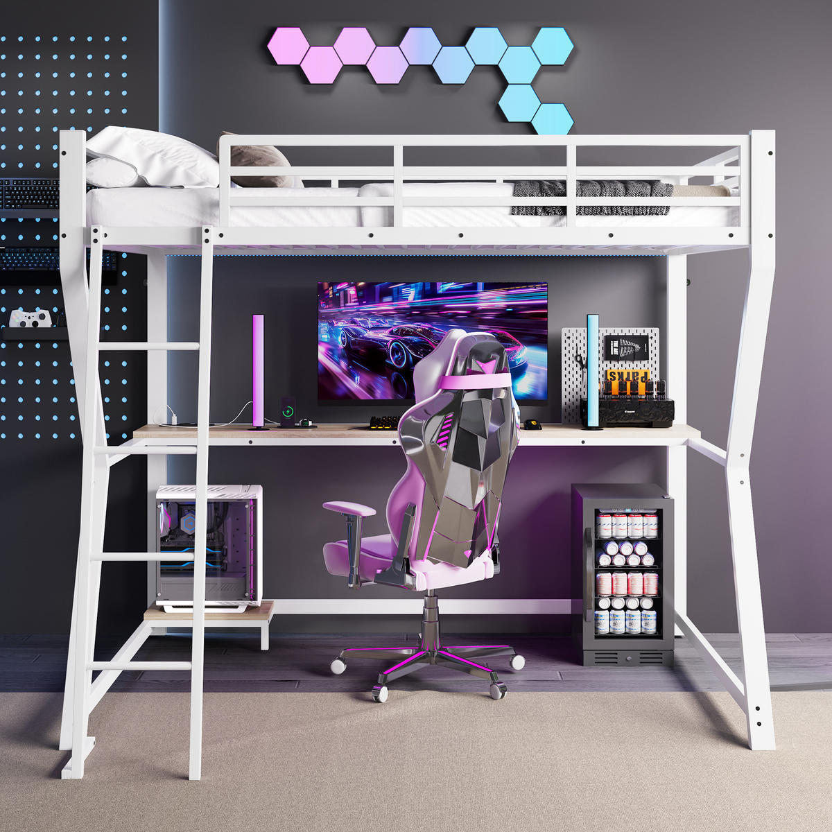 HOCHBETT 90x200cm Weiß LED-Licht Computerablage Schreibtisch USB - Weiß, Metall (90/200cm) - FLIEKS