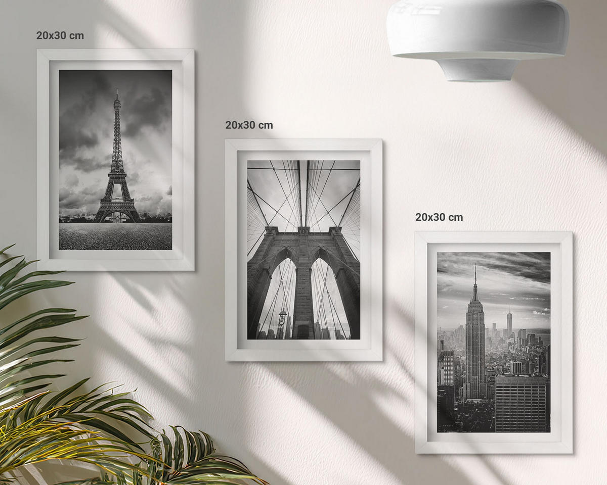 BILDER SET 3er Set - 20x30 cm Weißer Rahmen - Monochromatische Brückentürme - Weiß, Kunststoff (20/30cm) - TULUP