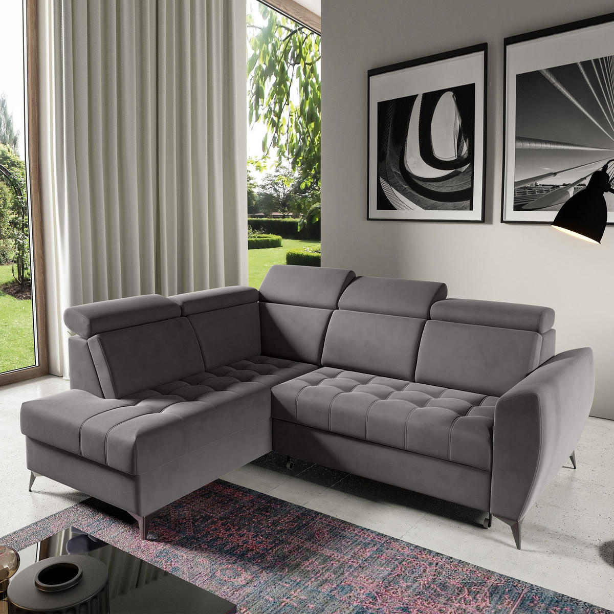 ECKSCHLAFSOFA Aurora II mit verstellbare Kopfstützen, Dunkelgrau, links - Dunkelgrau/Schwarz, Textil (266/204cm) - Beautysofa