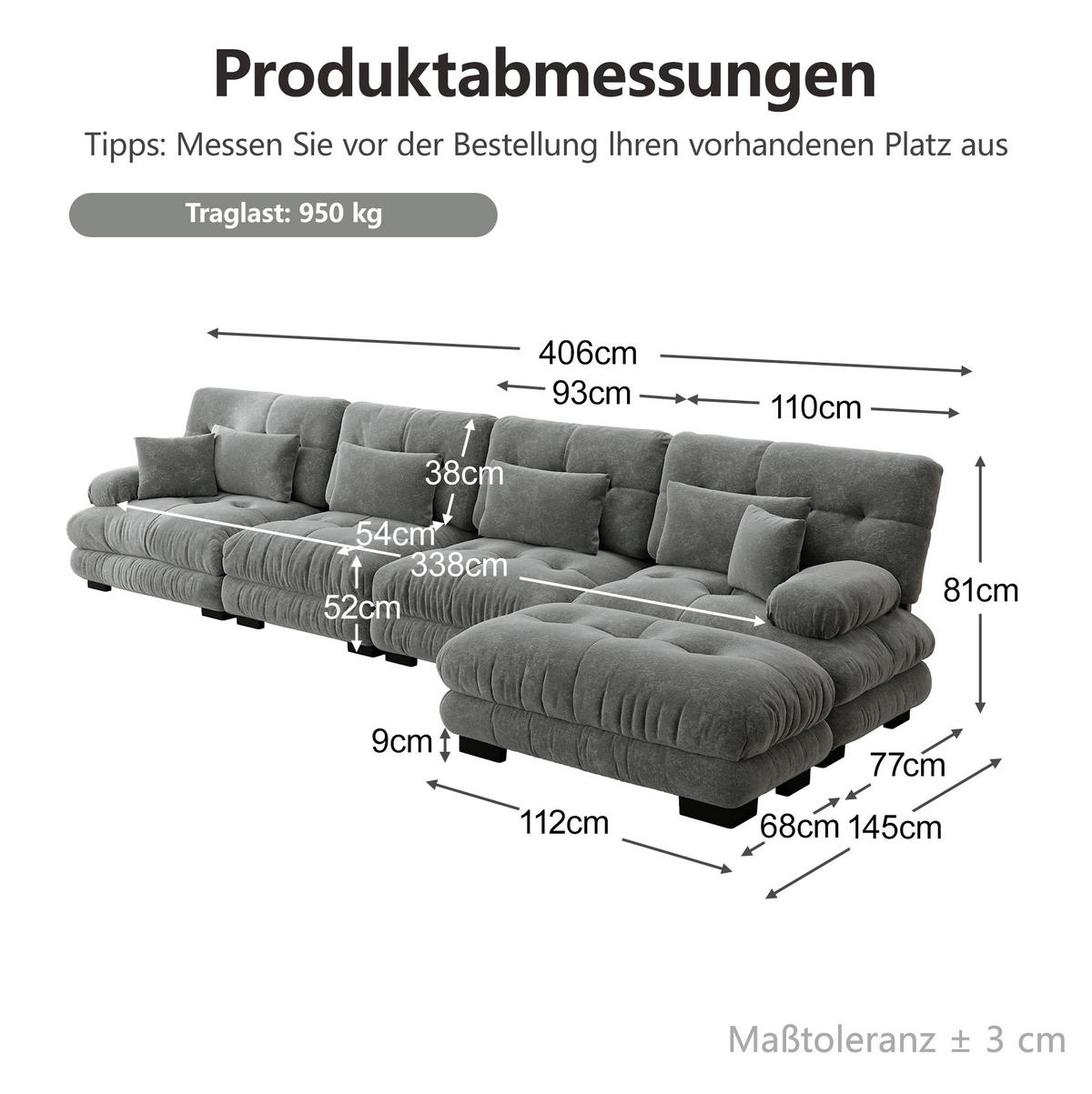 ECKSOFA 406/145/81 cm in Grau aus Chenille mit beweglichem Ottoman - Grau, Textil (145/406cm) - Flora Grace