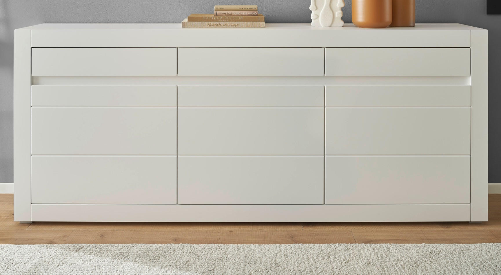 SIDEBOARD weiß matt, Evoke Eiche, Kommode 217 x 90 cm, Soft-Close-Funktion - Eichefarben/Silberfarben, Holzwerkstoff/Kunststoff (217/90/42cm) - Furn.Design