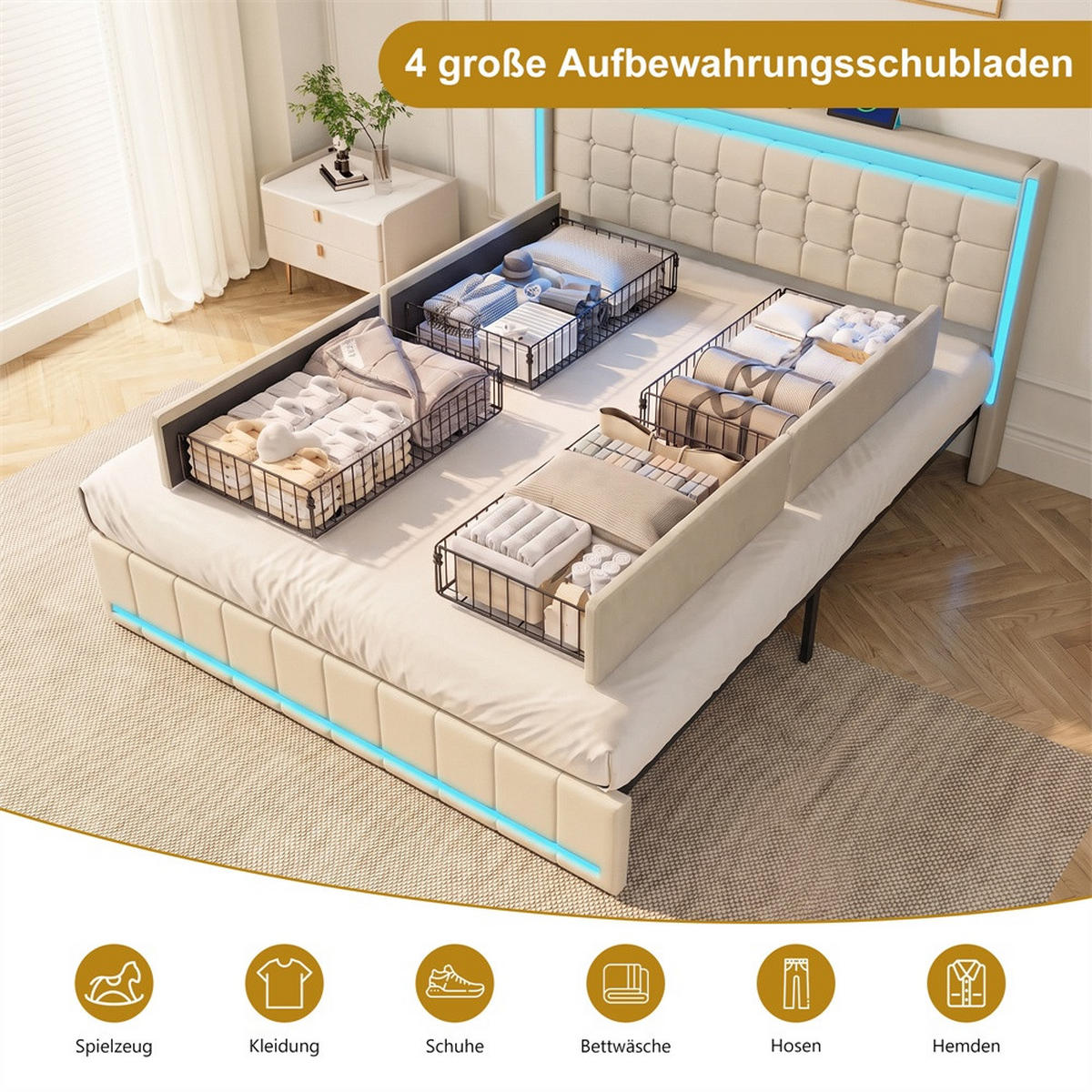 POLSTERBETT 140x200 cm Lumina Smart mit 3-Zonen RGB-LED, USB & USB-C, 4 Schubladen, Leinen-Optik, Beige - Beige, Textil (140/200cm) - DELFA