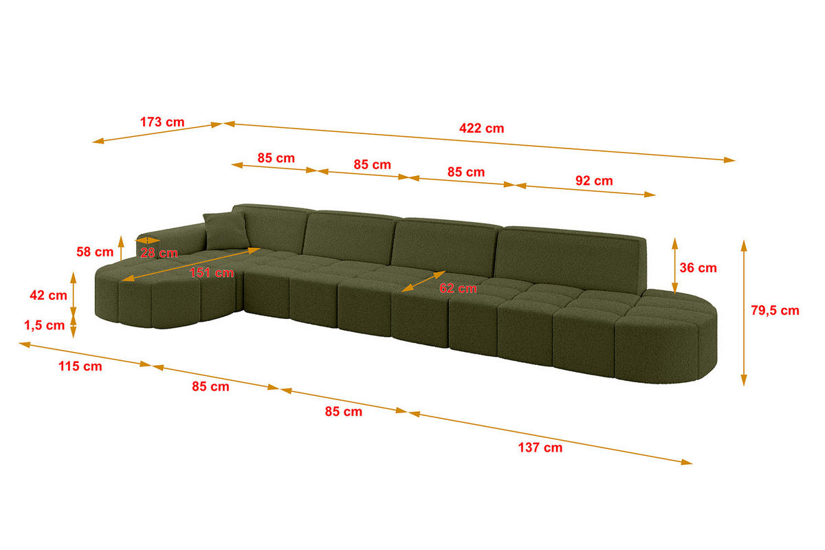 ECKSOFA Ottomane Links LIVO-L3 - 422x173x79,5 cm Grün - Grün, Holzwerkstoff/Textil (422/173cm) - ALTDECOR
