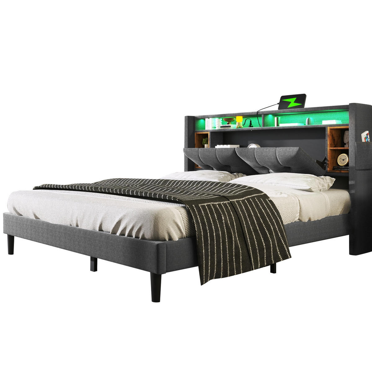 ČALOUNĚNÁ postel 160/200 cm masivní dřevo šedá, s úložným čelem, USB a LED - šedá, dřevo (160/200cm) - BEAOK