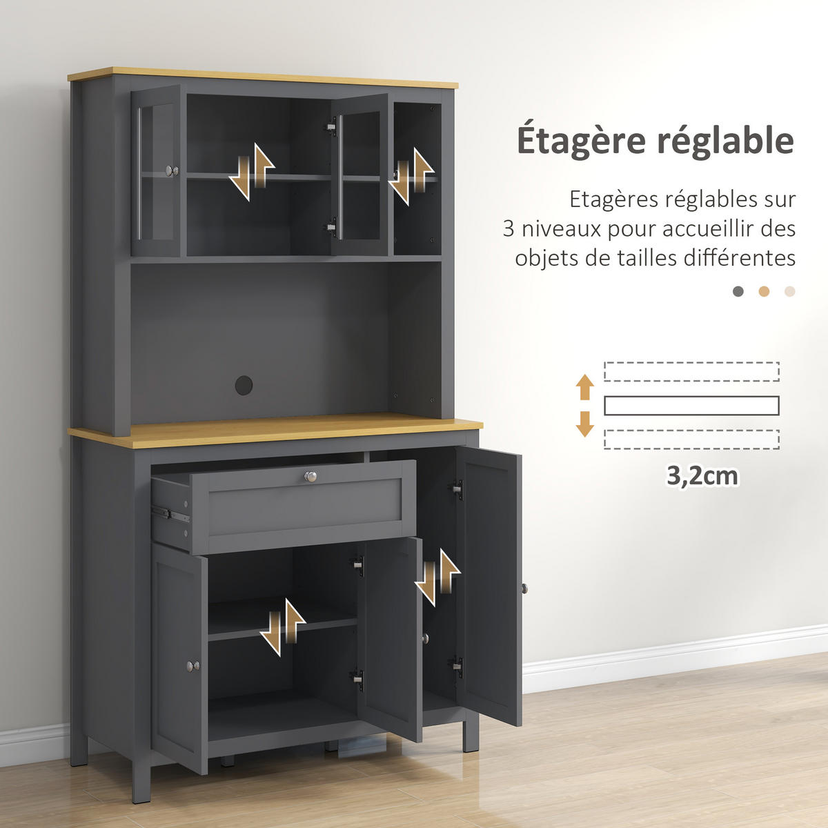 BUFFET DE-11110 2 Glastüren & Schublade mit Kabeldurchlass Grau - Grau, Holzwerkstoff (40/180/100cm) - ComfortXL