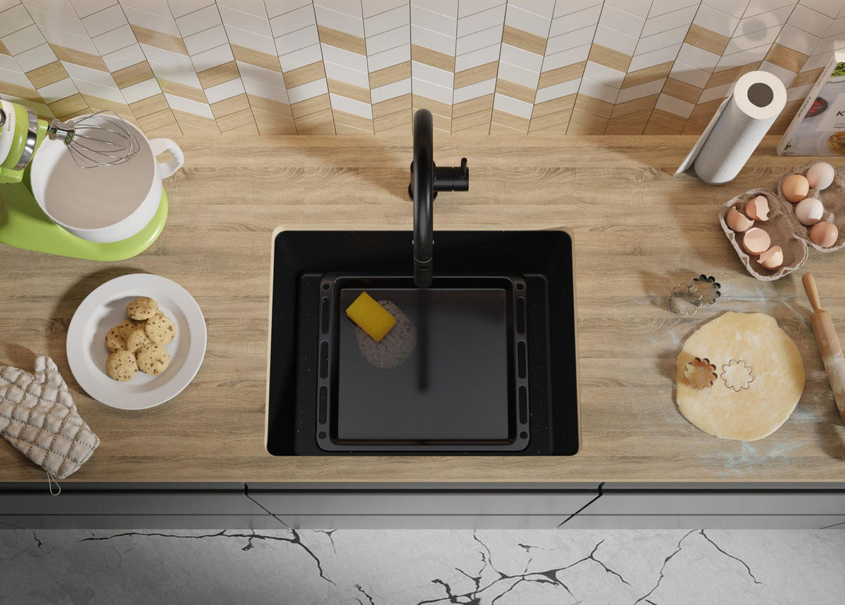 UNTERBAUSPÜLE GRANIT Venedig Easy, 2-er set Schwarz Metallic 56/44 cm 1 Becken + Ablauf-Set ab 60er Unterschrank - Chromfarben/Schwarz Hochglanz, Kunststoff (56/20/44cm) - Primagran