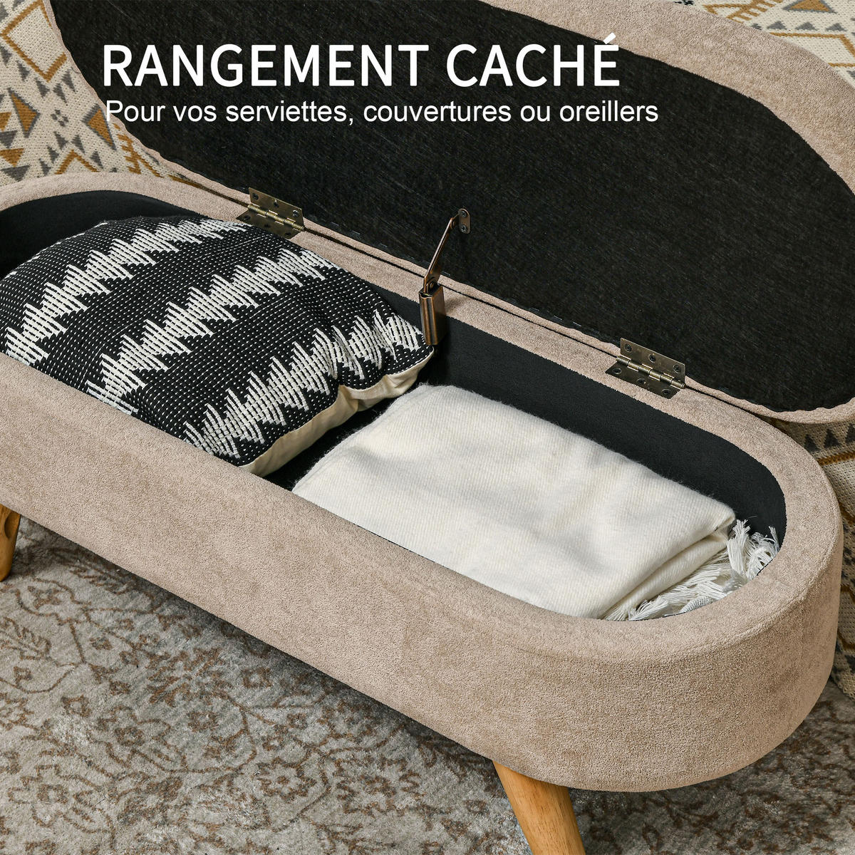 TRUHENBANK DE-12837 Stauraum und Holzbeine Beige - Beige, Textil (110/43/40cm) - ComfortXL