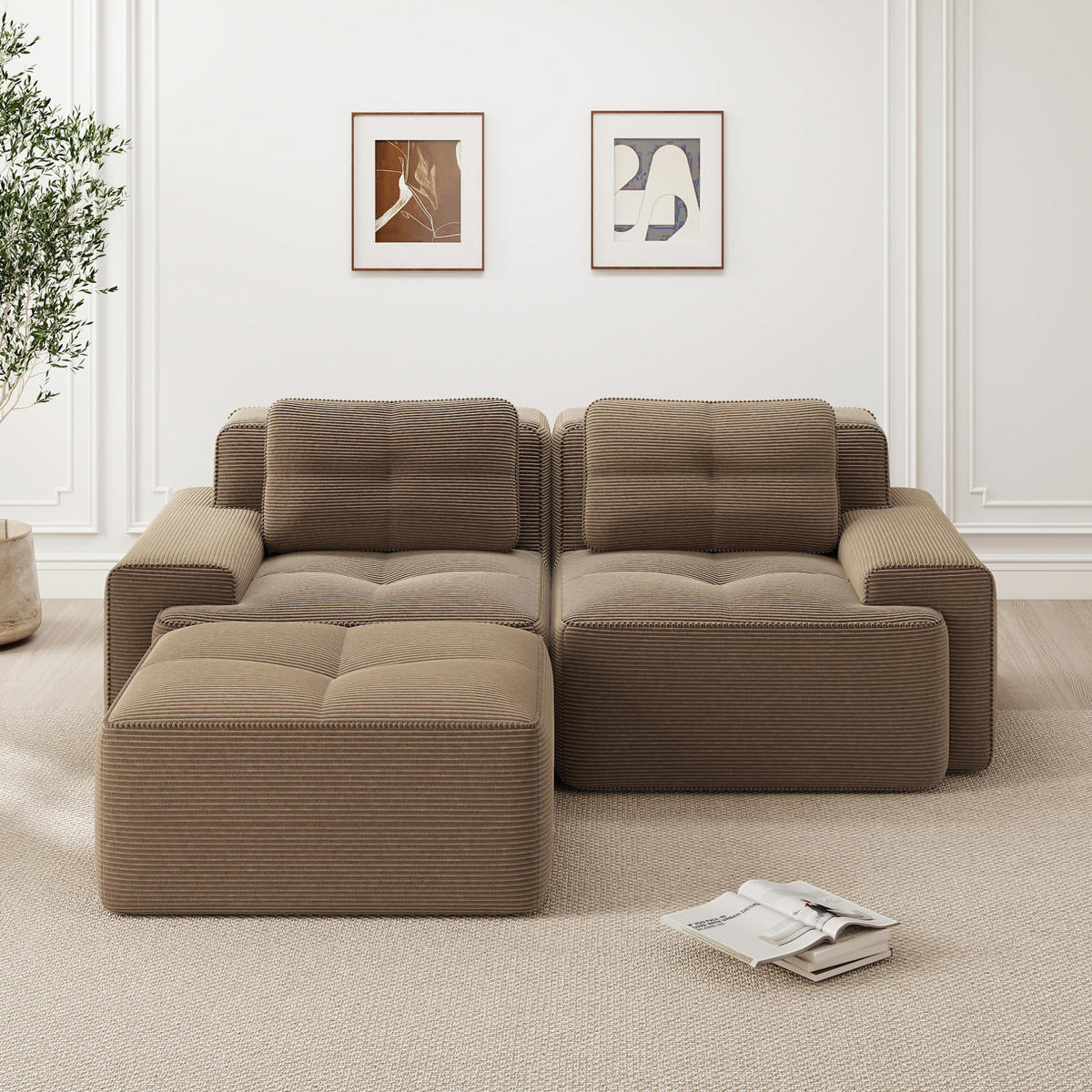 ECKSOFA aus Cord in Braun mit Tiefsitz & flexiblem Moduldesign - Braun, Textil (177/204cm) - Modfu