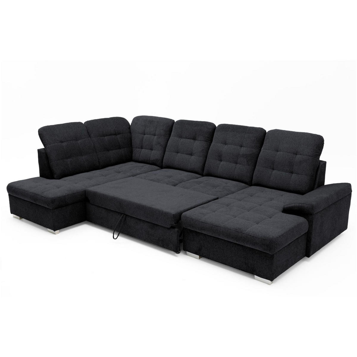 ECKSOFA U-Form OLIVIA U Links mit Schlaffunktion 124x257 Velours Schwarz - Silberfarben/Schwarz, Holz/Kunststoff (320/103/202cm) - Muffo