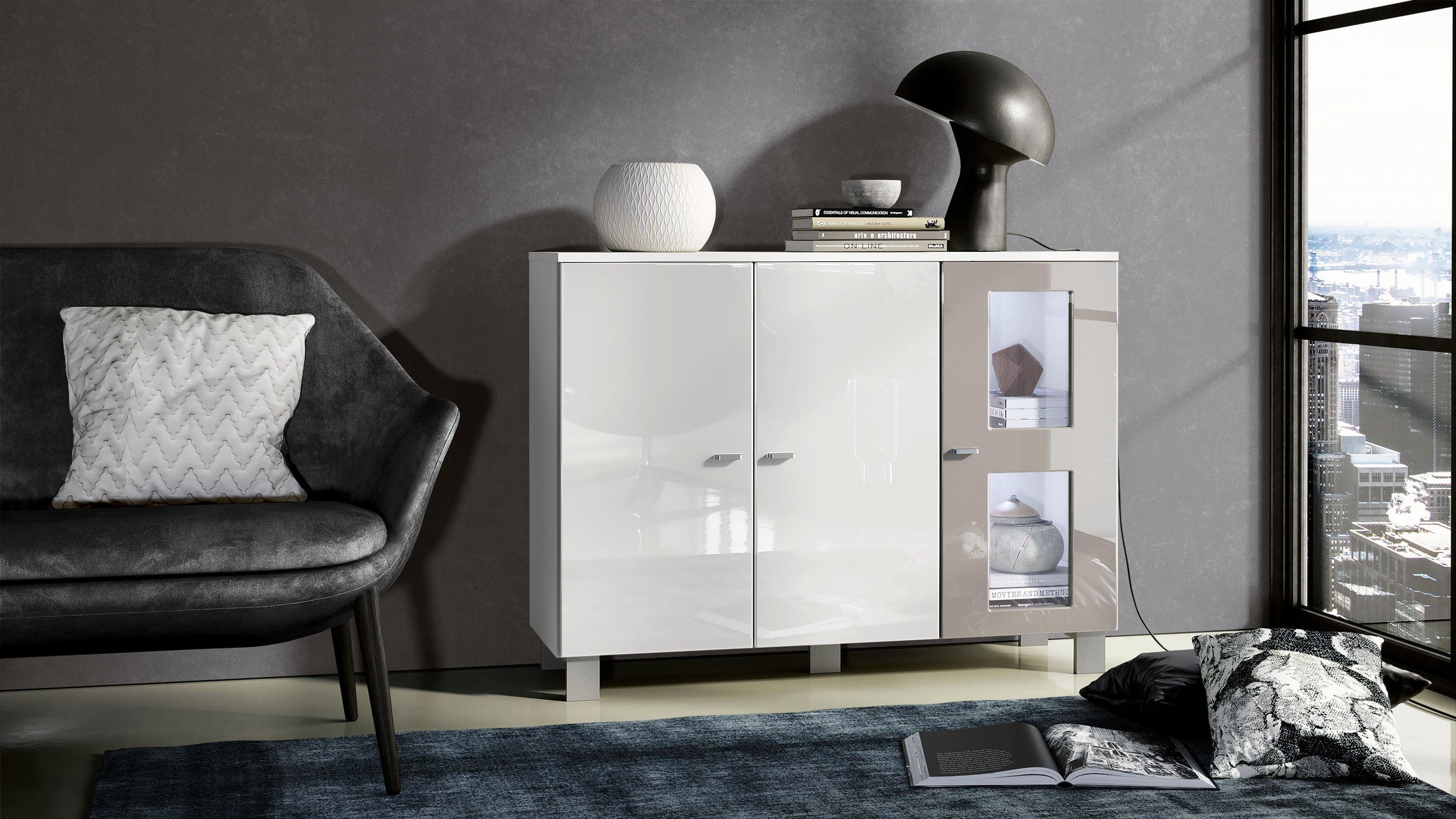 SIDEBOARD Denjo Tür in Sandgrau Hochglanz - Sandfarben, Holzwerkstoff (107/81/35cm) - Vladon