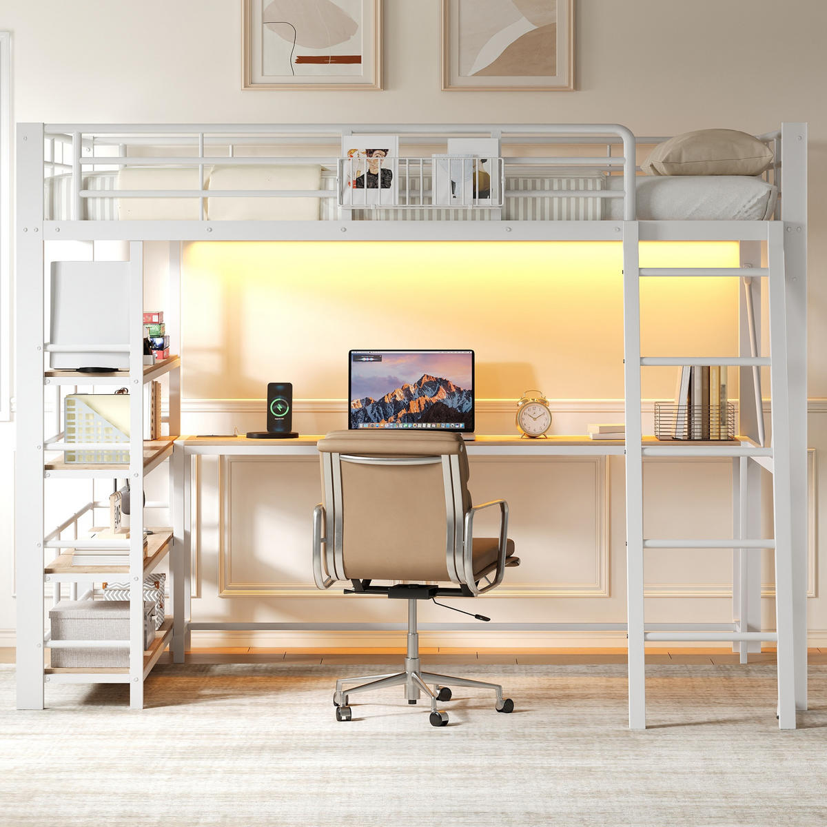 HOCHBETT 140/200 cm in Weiß mit integriertem Schreibtisch, 4-stöckigem Regal, LED und Ladestation aus Metall und MDF - Weiß, Holzwerkstoff/Metall (140/200cm) - STILVORA