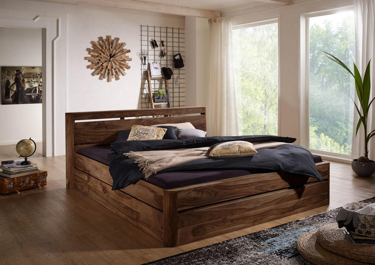 BETT mit Schublade Massivholz Akazie / Sheesham 200 x 200 x 90 dunkelbraun TORONTO #159 - Dunkelbraun, Holz (200/200cm) - Massivmoebel24