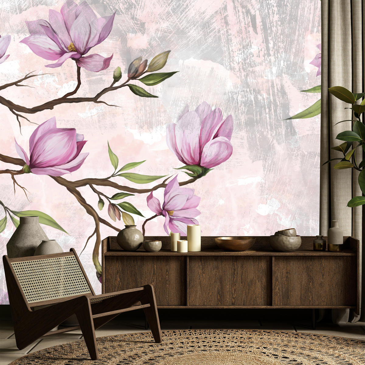 FOTOTAPETE für Schlafzimmer Rosa Magnolienblüten Botanisch 250x175 - Beige/Violett, Papier (250/175cm) - Muralo