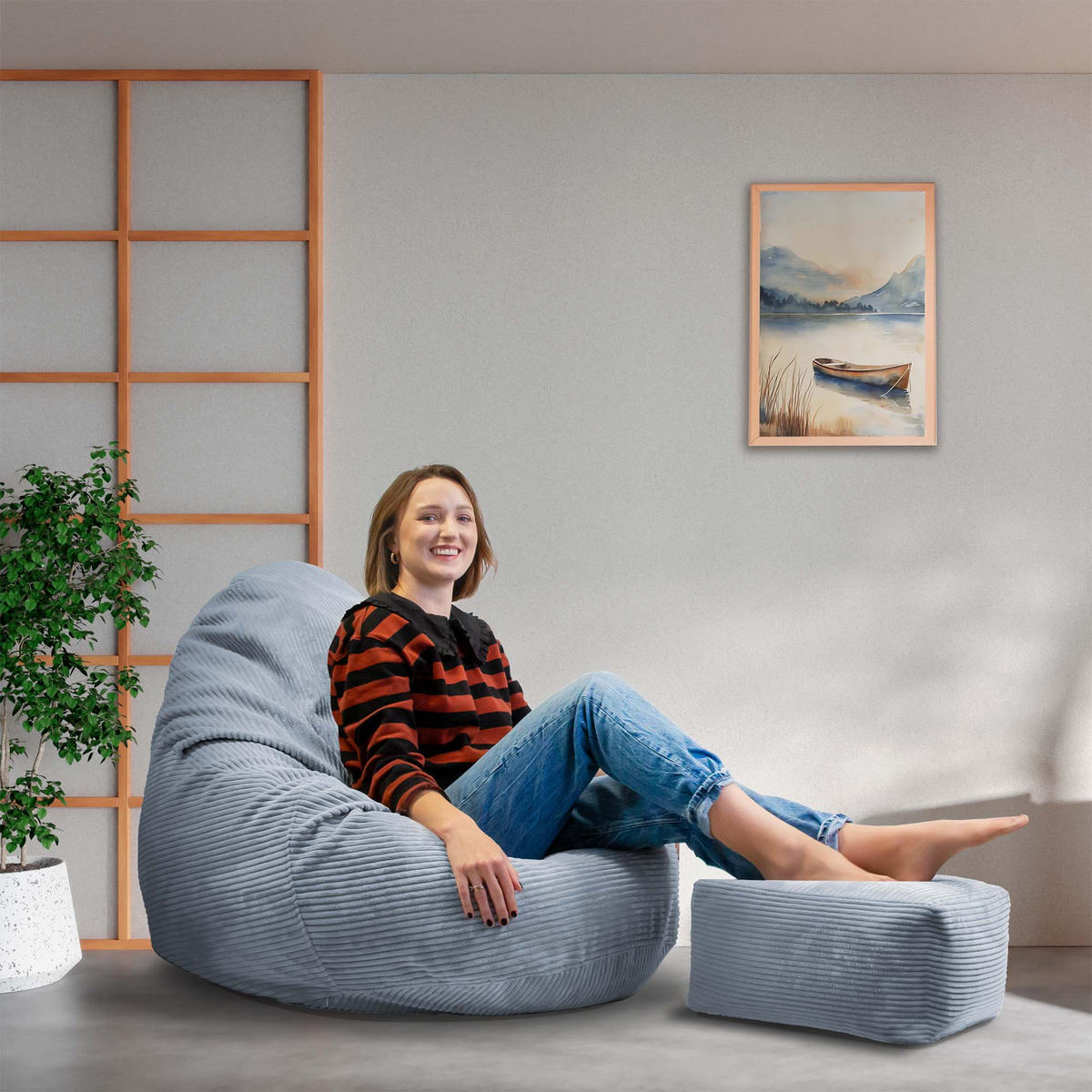 SITZSACK PARADISE MIT FUßSTÜTZE Kordsamt 2-tlg Baltic Sea M - Blau/Hellblau, Textil (90/100/90cm) - Dreamroots