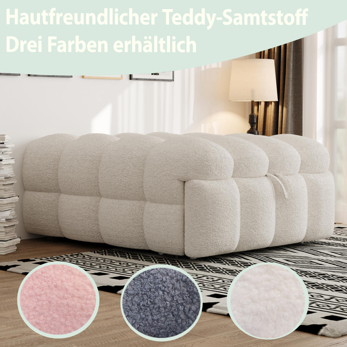 SCHLAFSOFA 183/76/42 cm Beige 2-in-1 Schlafsofa aus Teddy-Stoff mit Fußhocker - Creme, Textil (76/42/183cm) - OKWISH