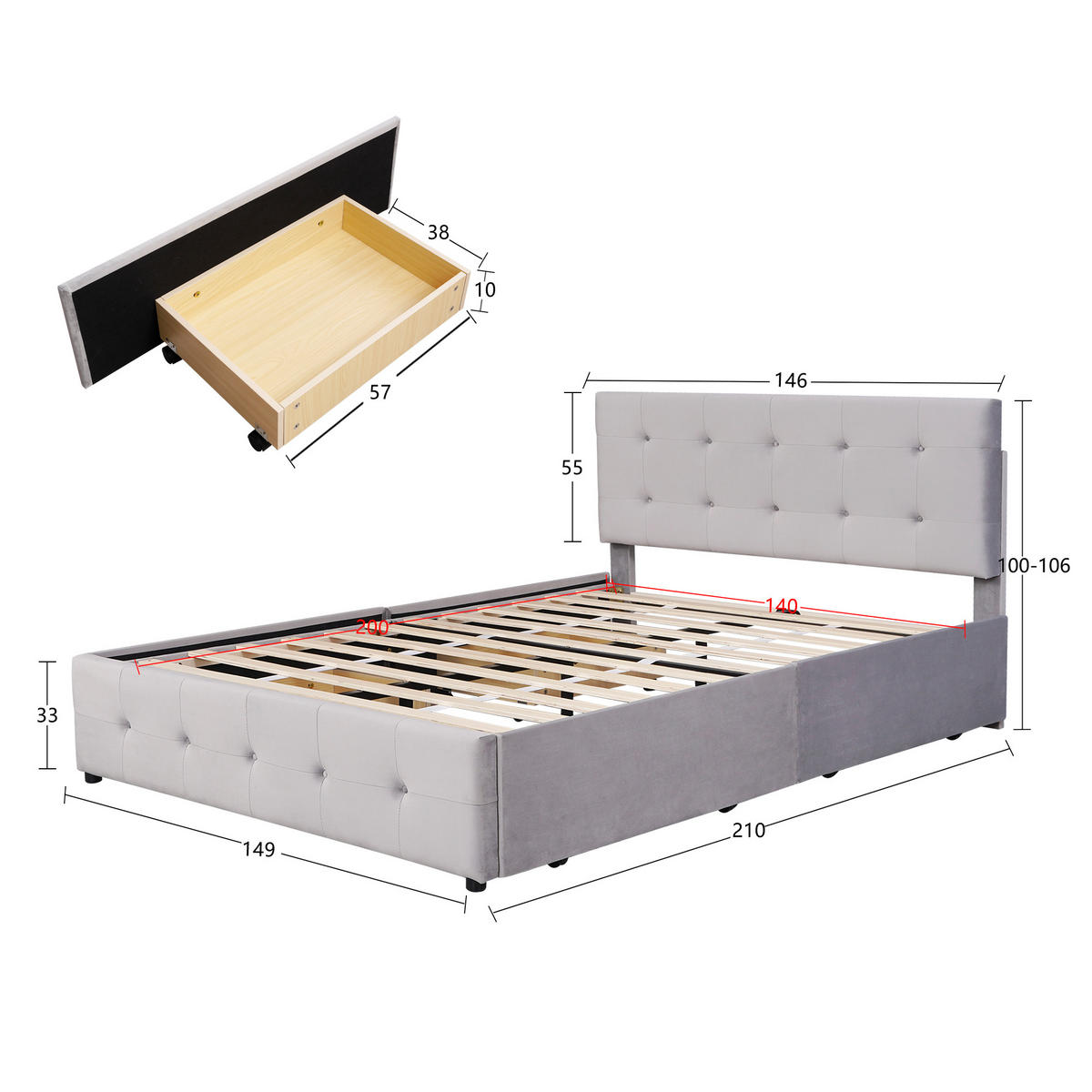 POLSTERBETT 140/200 cm grau mit Schubladen und Lattenrost - Grau, Textil (140/200cm) - OKWISH