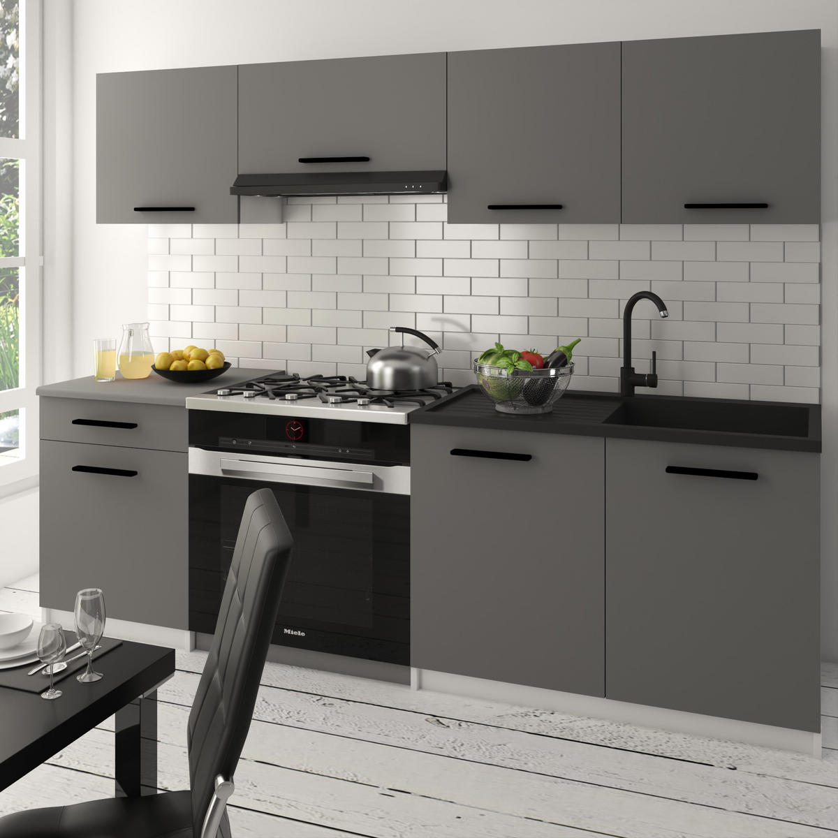 KÜCHENZEILE Italia 1 180 cm, mit Arbeitsplatten, Grau Matt - Grau, Holz (180/143/60cm) - B BELINI GROUP