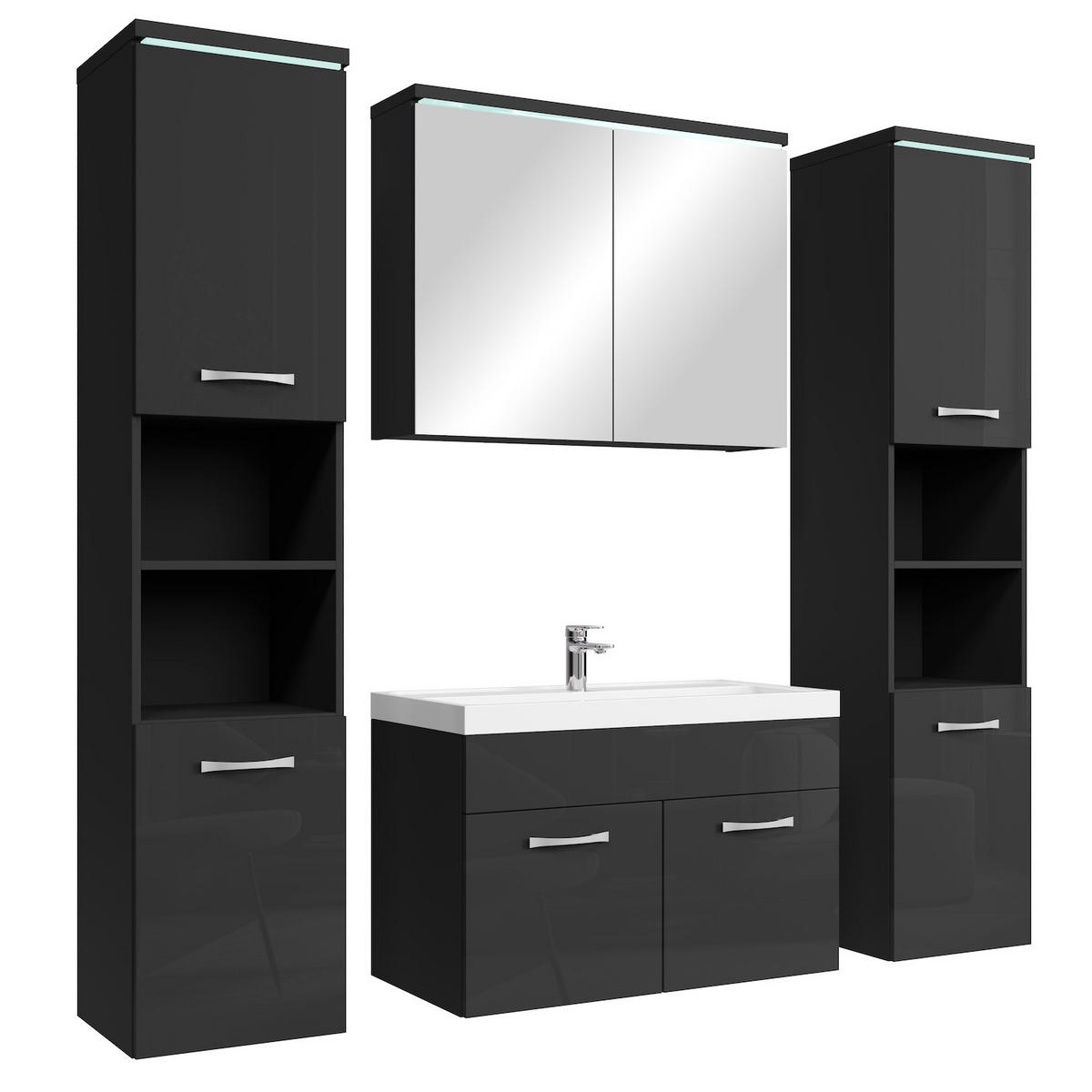 BADMÖBEL-SET Paso LED 5 Teile Schwarz Hochglanz - 80 x 35 x 55 cm - Schwarz, Holz (80/55/40cm) - Badplaats